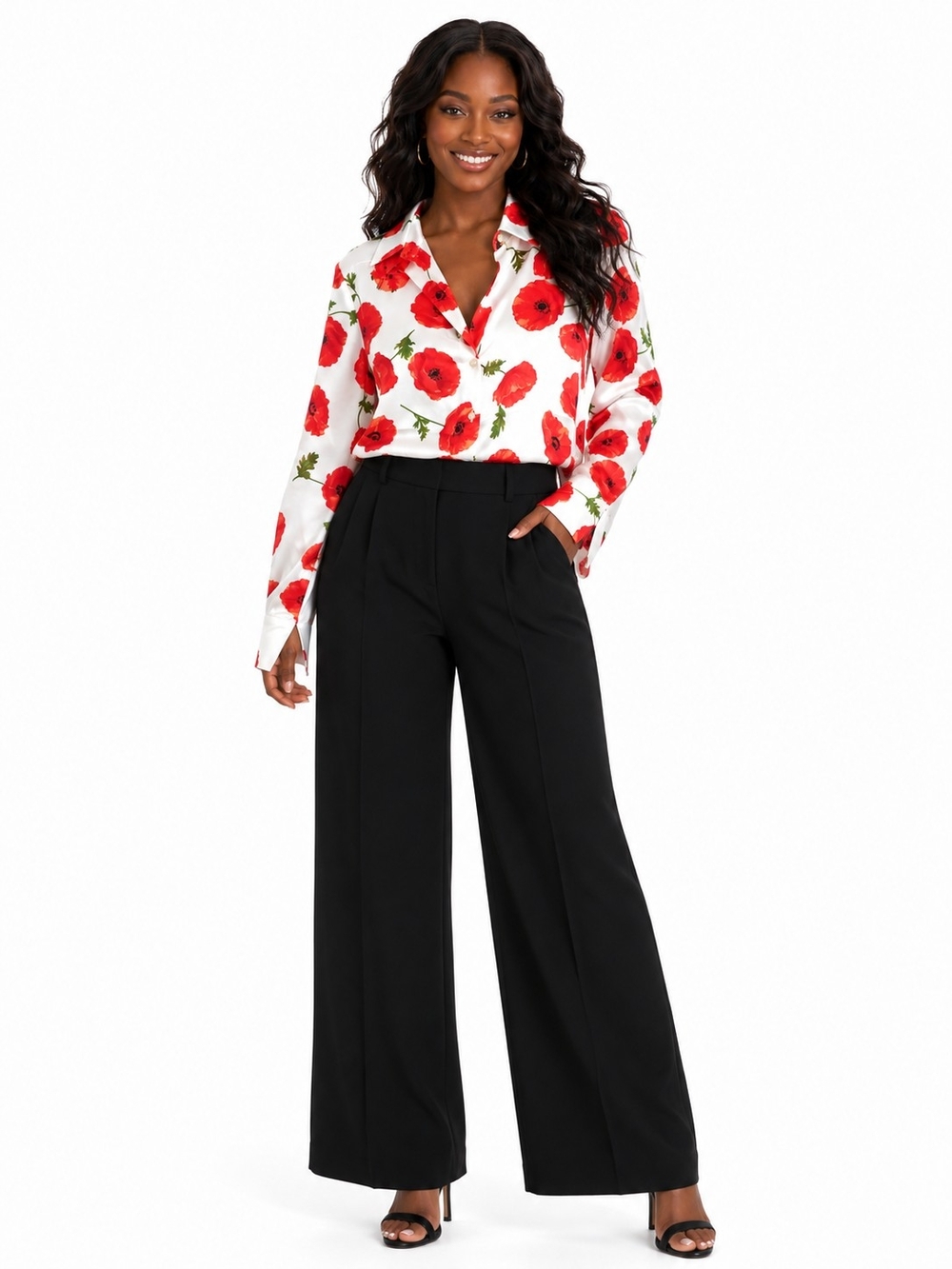 Red Poppy Print Button-Down Blouse - White/Red - Long Sleeves - SIZE XS NWT